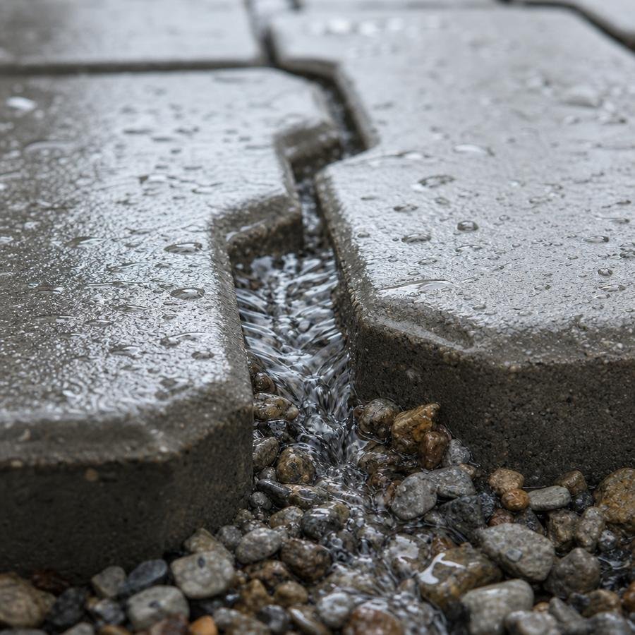 Water draining through permeable paver joints