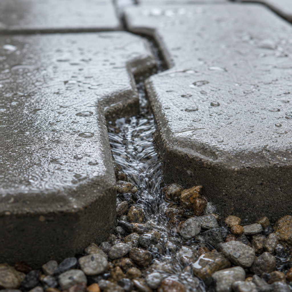 Water draining through permeable paver joints