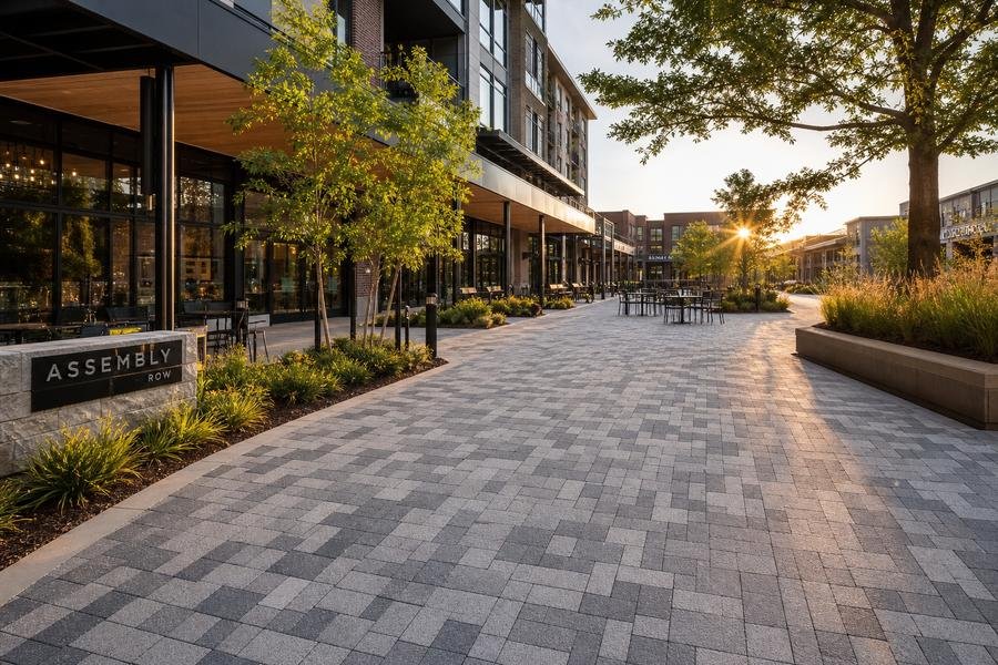 Commercial plaza with permeable pavers at golden hour